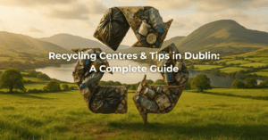 Picturesque Irish countryside overlaid with a recycling logo; title text 'Recycling Centres & Tips in Dublin: A Complete Guide'