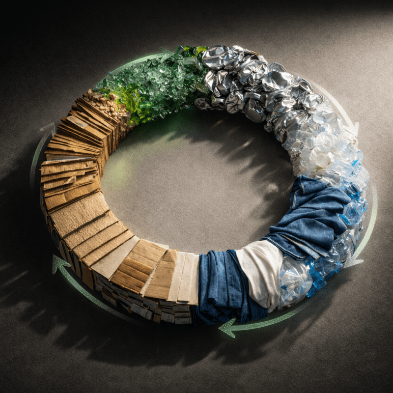 An image of recycled materials placed in a circle depicting the circular economy