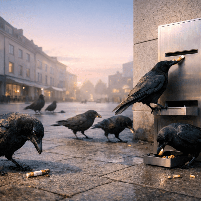 Image depicting crows picking up cigarettes in a scandinavian square, a concept image of corvid cleaning's novel idea